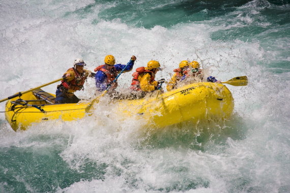 A raft of paddlers navigate their way through a section of whitewater on the Futaleufu River in Chile.