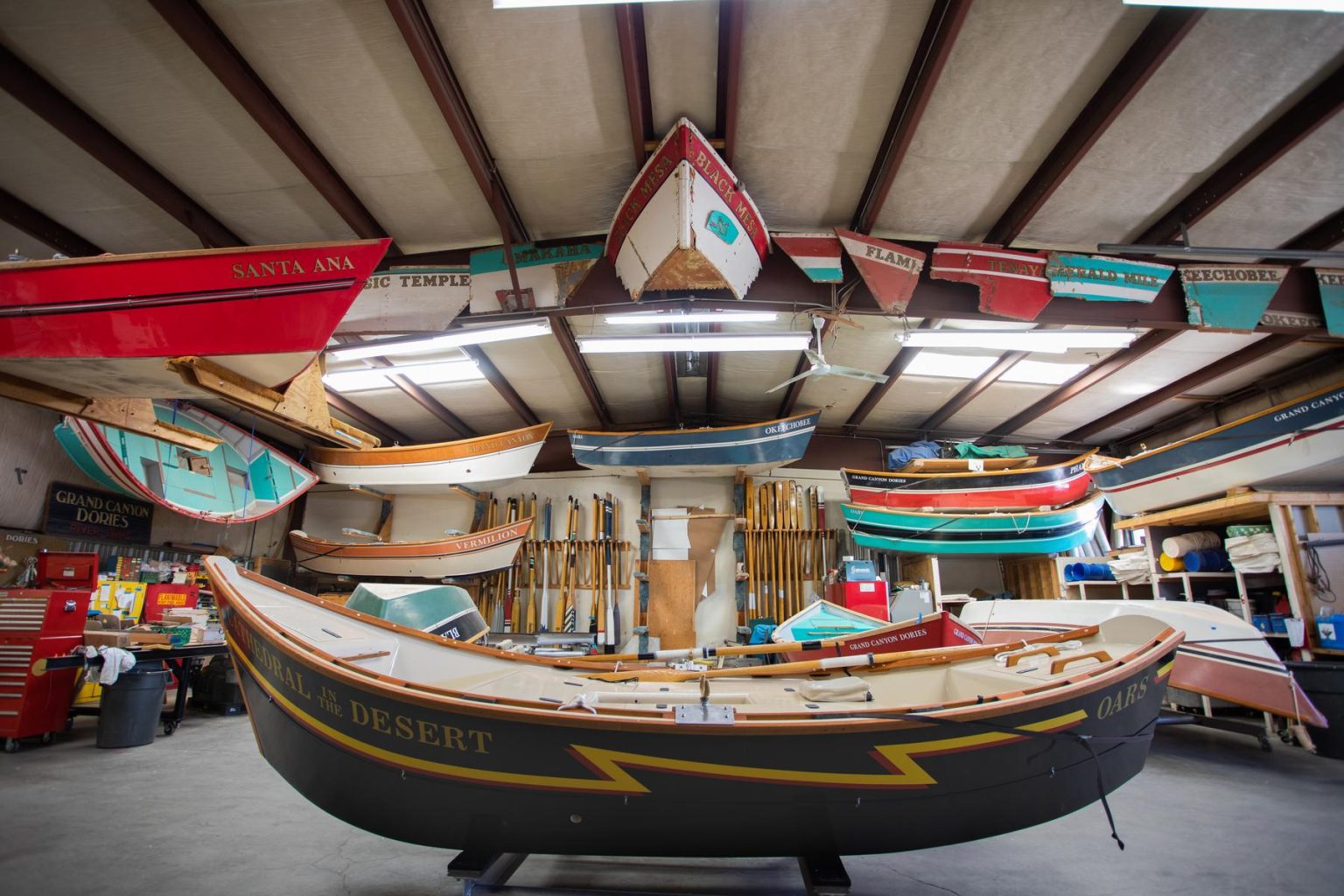 Whitewater dories at the OARS boathouse in Flagstaff, AZ. 