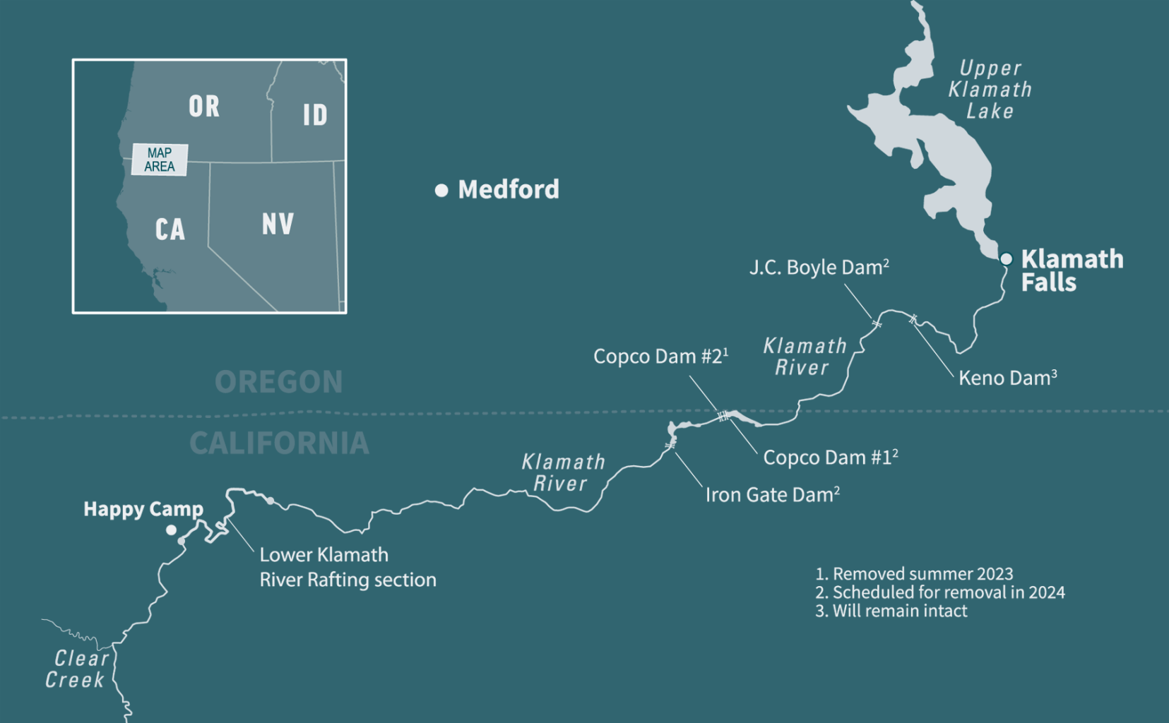 A map of the Klamath River dam removal sites 