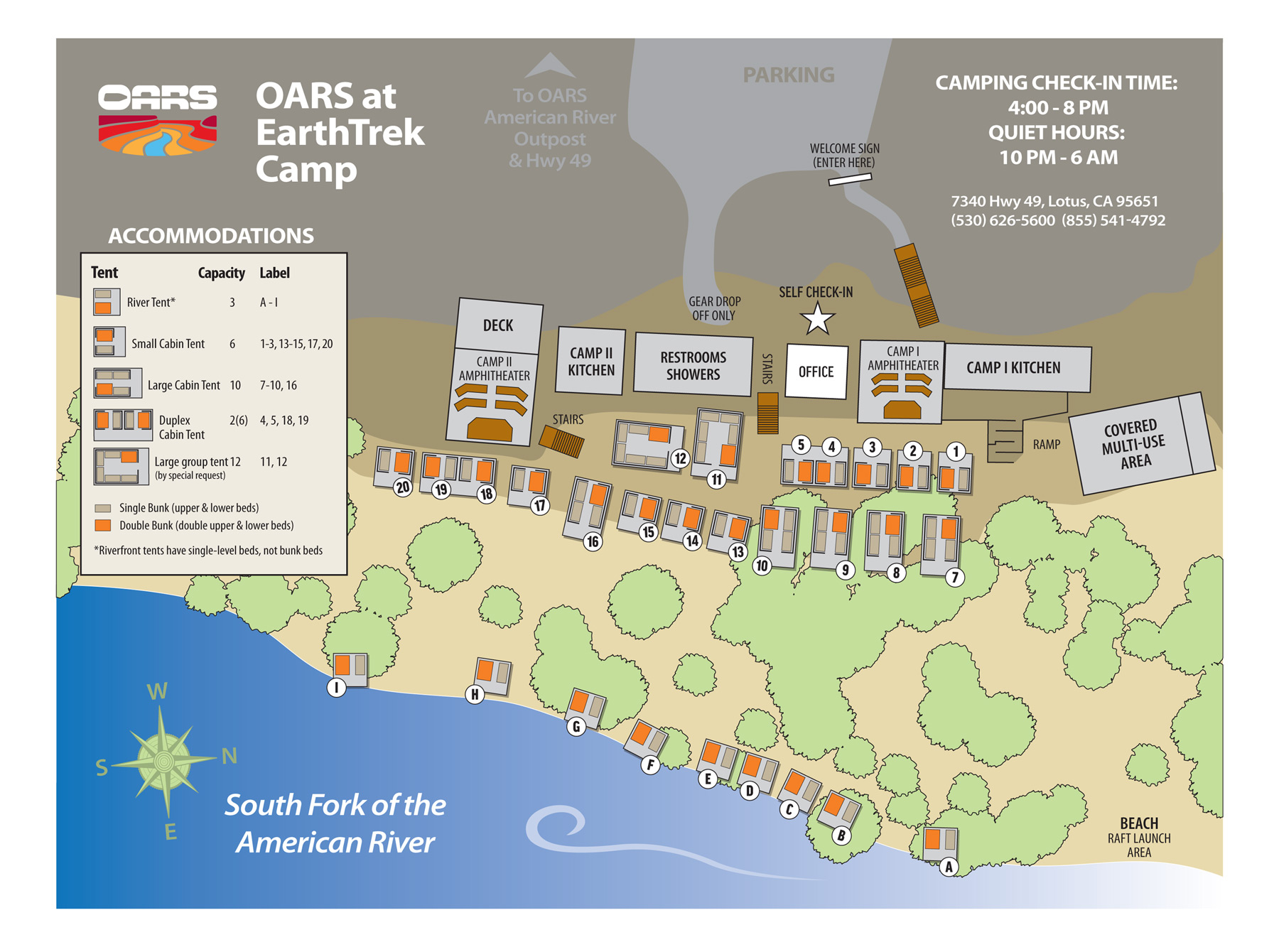 Map of the EarthTrek camground along the South Fork of the American River