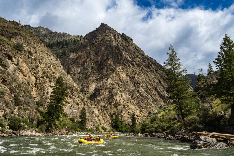 Two yellow rafts float down floating through a rocky stretch of the Middle Fork of the Salmon on a river expedition in Idaho
