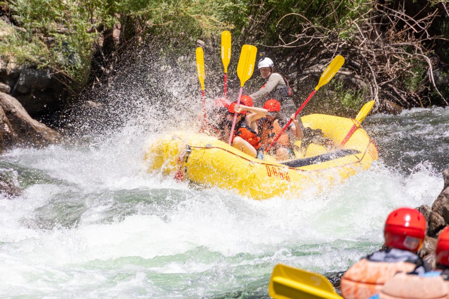 Splashing through a rapid on an OARS guided rafting trip on California's Middle Fork American River