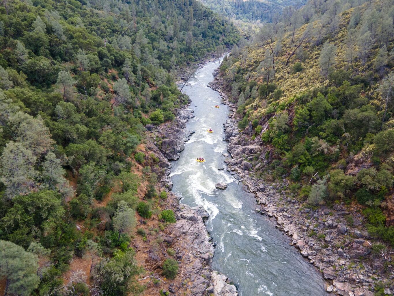 An ariel shot of 3 yellow rafts as they make their way down the South Fork American, surrdounded by hills of green trees and rock.