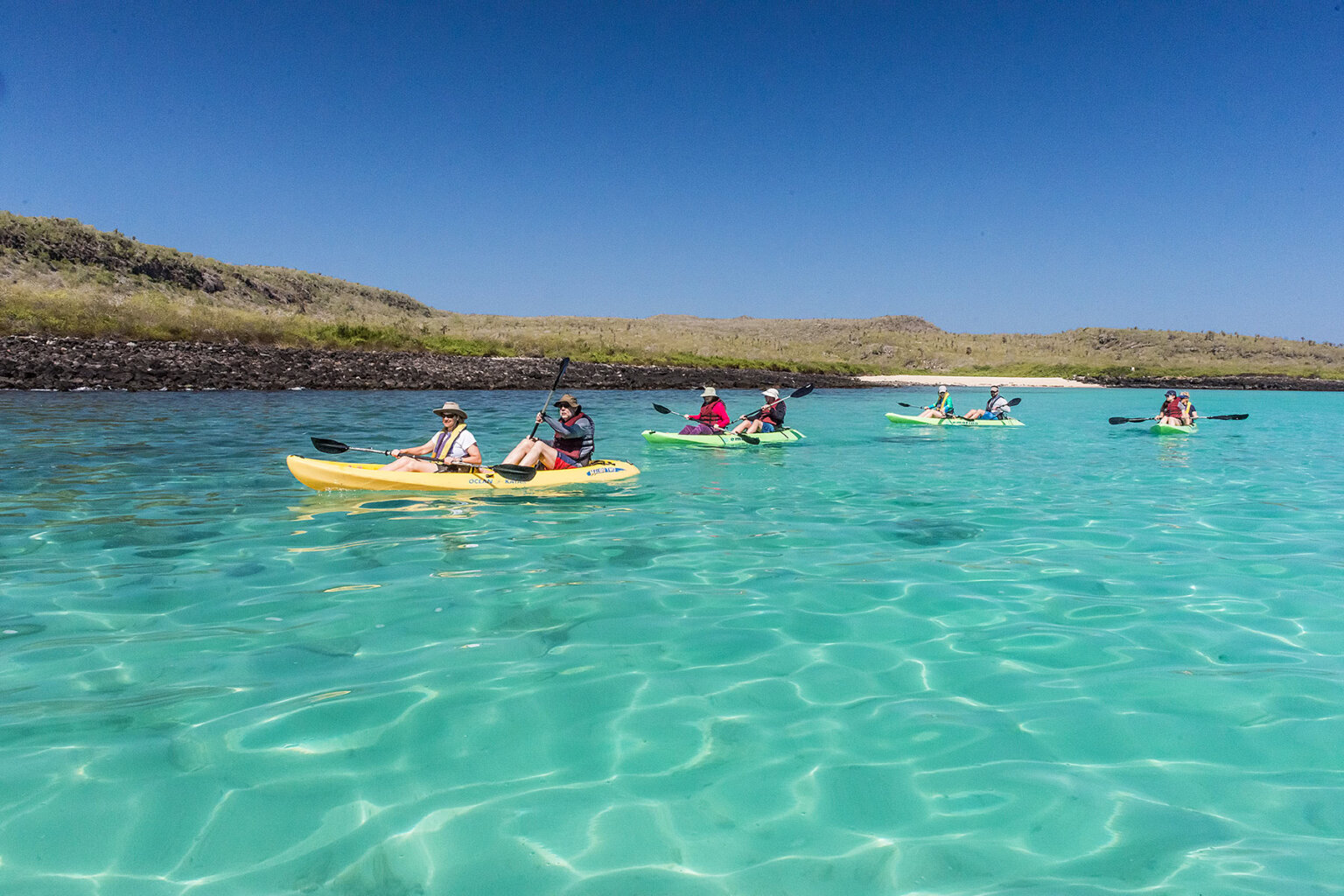 Guests paddle open, 2-seater kayaks over turquoise water of Galapagos