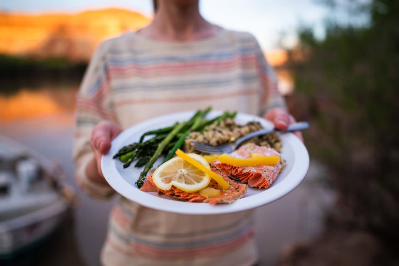 Close up of a plate of salmon with lemon, grilled asparagus and rice