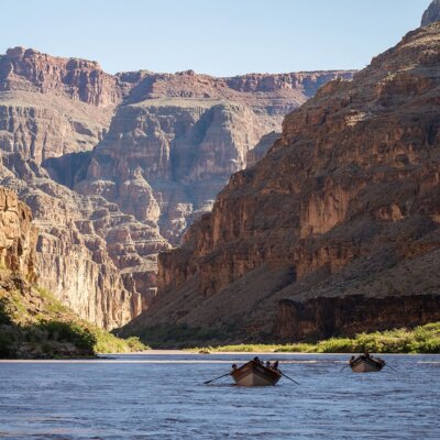 Dories row down the Colorado River in Grand Canyon