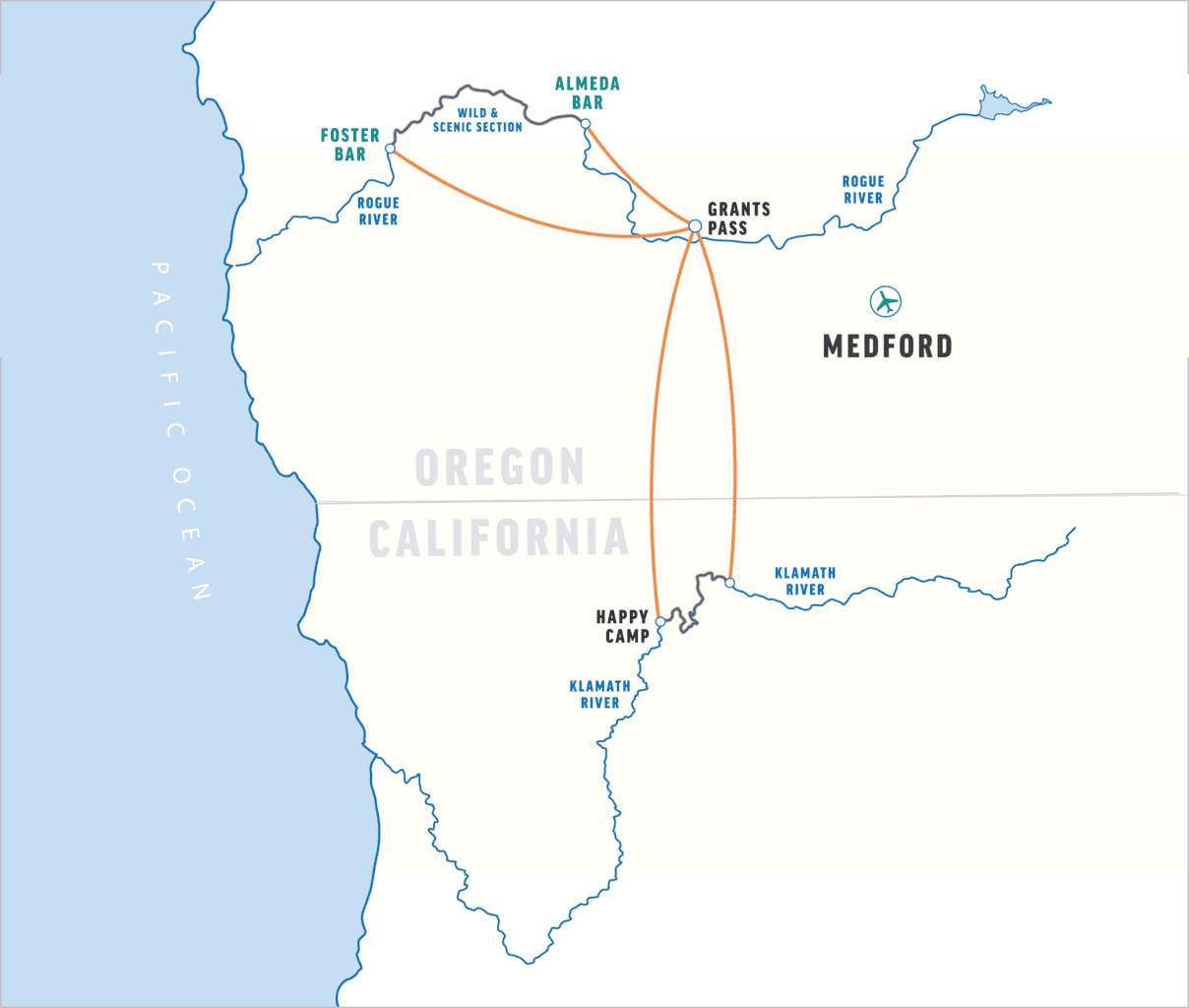 Map of Southern Oregon and Northern California, highlighting rivers and key locations, including Medford, Grants Pass, and Happy Camp.