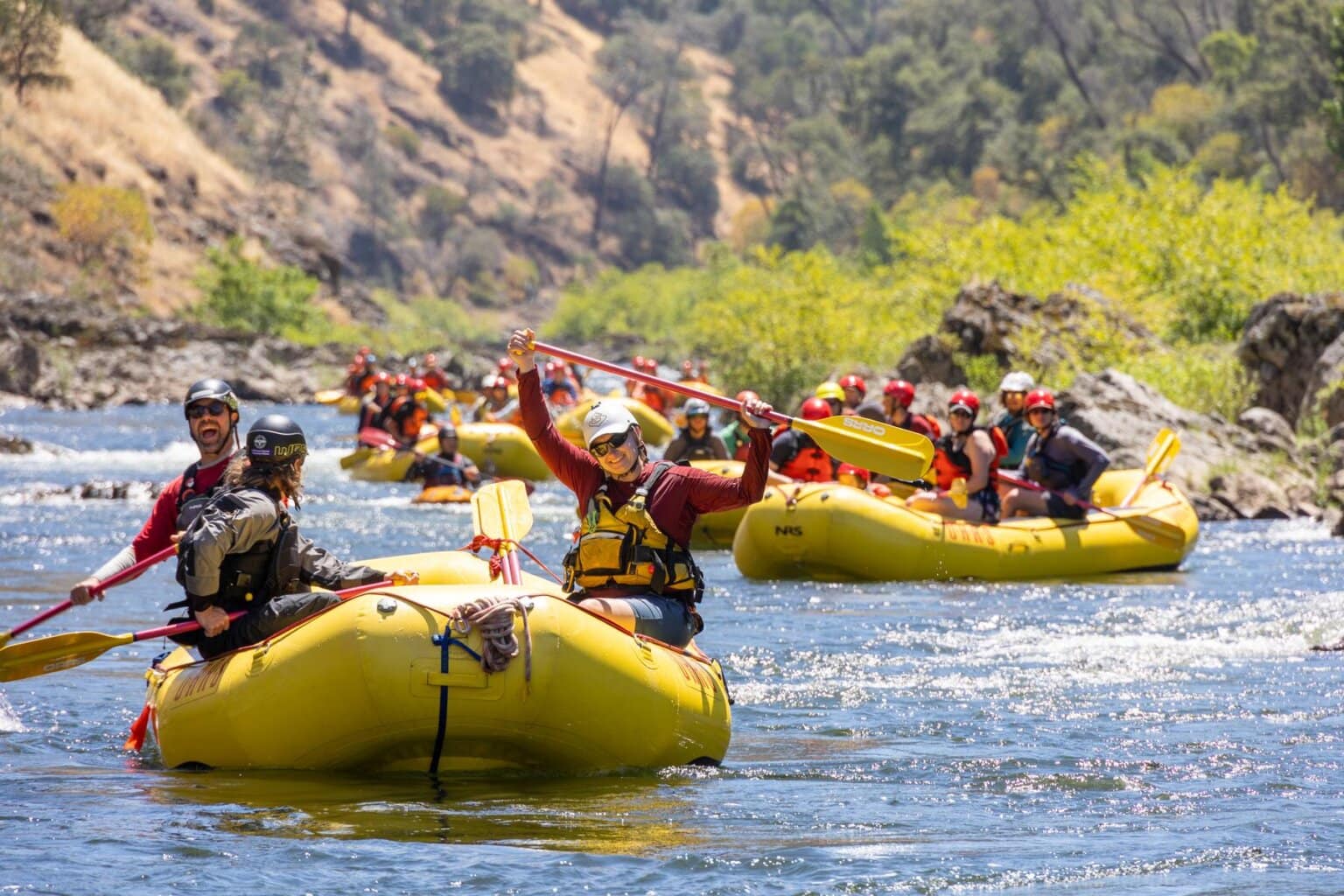 OARS guides lead a river guide school rafting trip on the American River