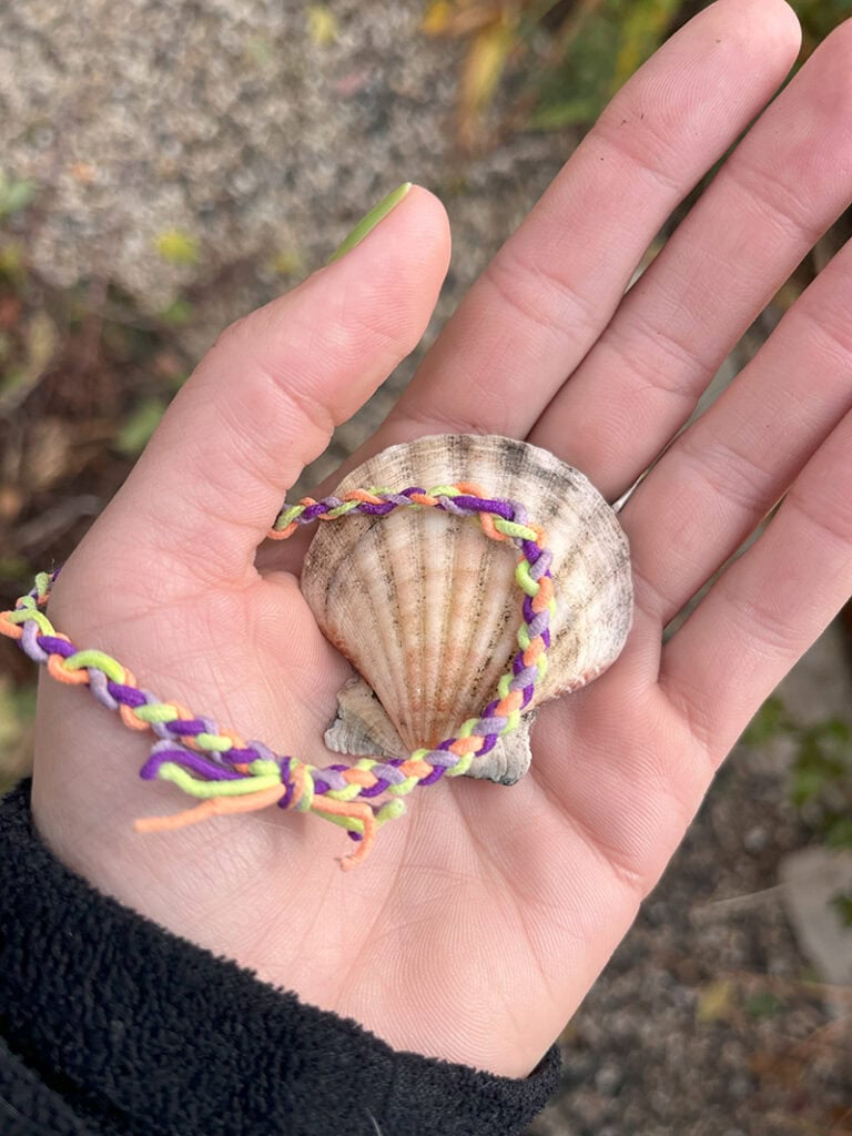 A small shell and a friendship bracelet being held in a woman's hand.