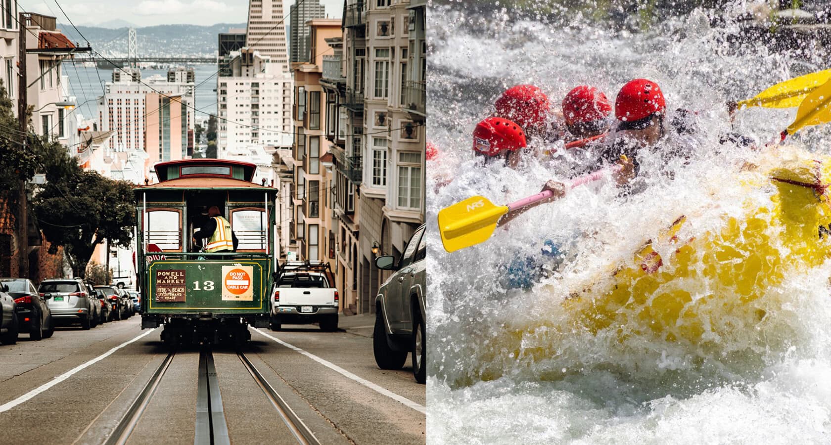 A photo of San Francisco paired with a photo of rafting on the South Fork of the American River