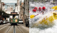 A photo of San Francisco paired with a photo of rafting on the South Fork of the American River