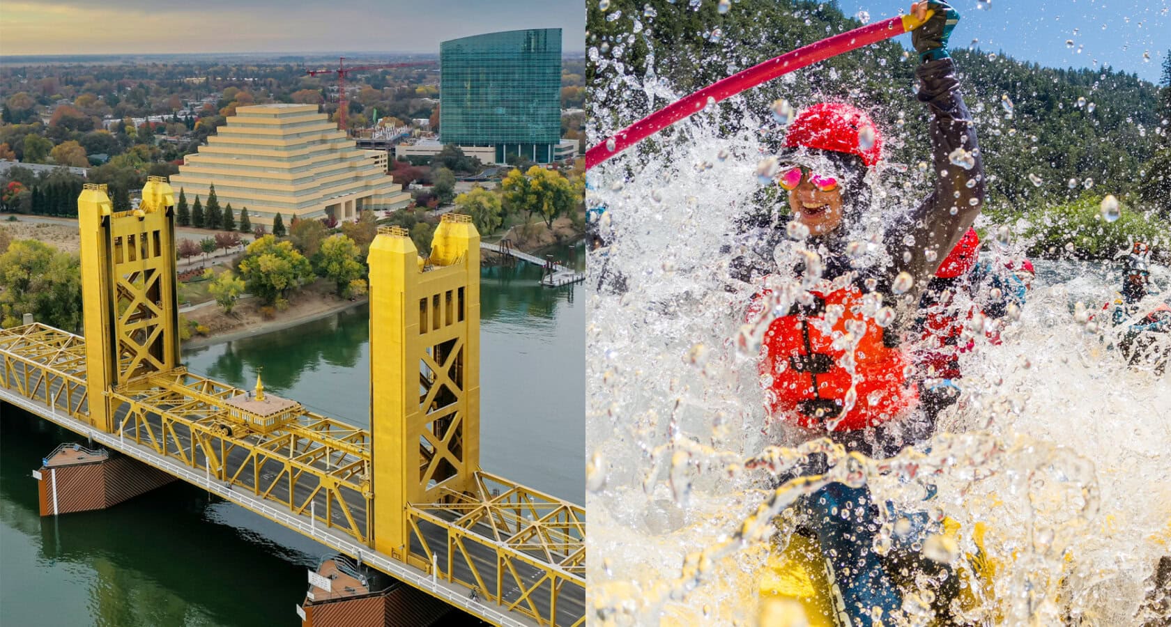 A composite image of Sacramento on the left and a whitewater rafter getting splashed on the South Fork of the American River on the right