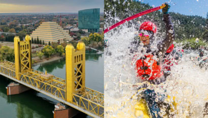 A composite image of Sacramento on the left and a whitewater rafter getting splashed on the South Fork of the American River on the right