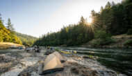 A camp on the Rogue River at sunrise