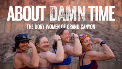 About Damn Time film thumbnail featuring four women river guides flexing their muscles