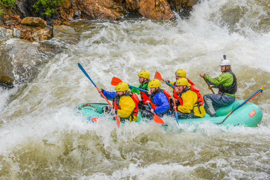 A group of rafters goes through a rapid on Colorado's Clear Creek.