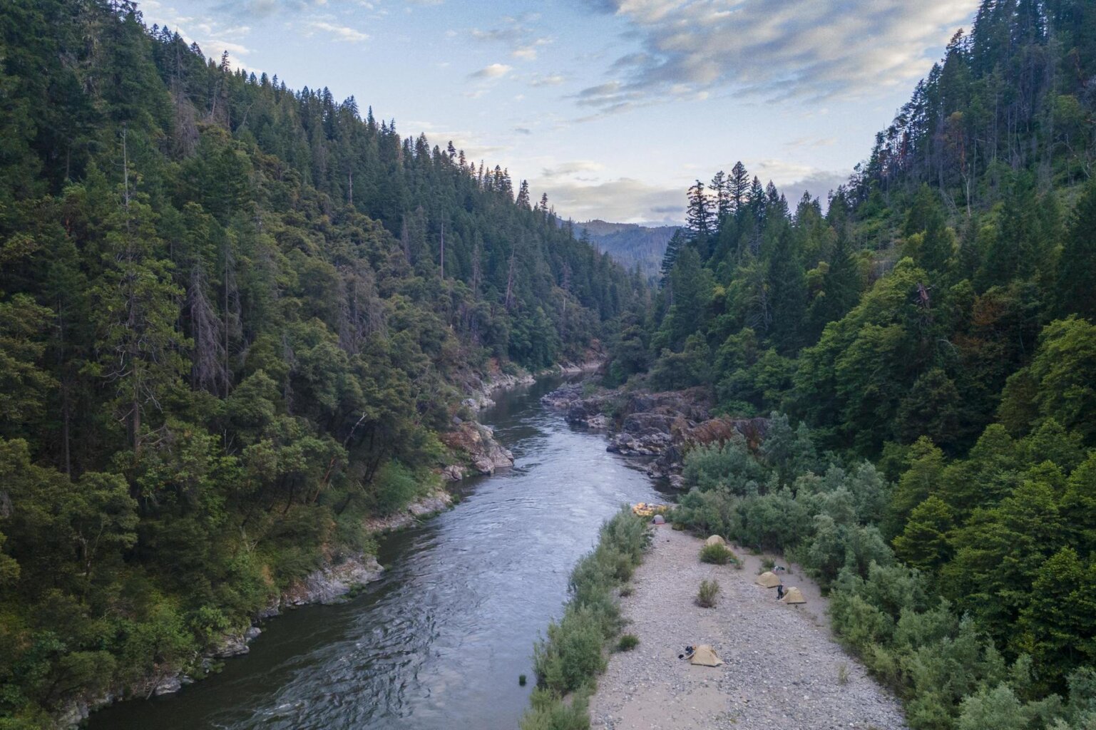 An aerial shot of the Lower Klamath River at sunset. 