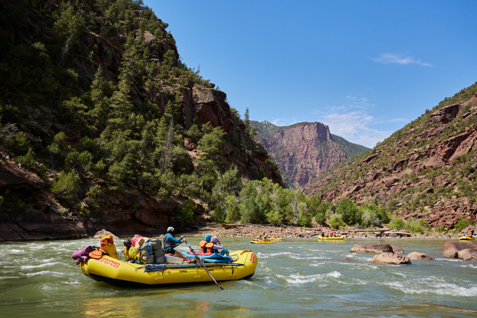 A line of yellow rafts and inflatable kayaks navigate a bend on the Green River in Gates of Lodore
