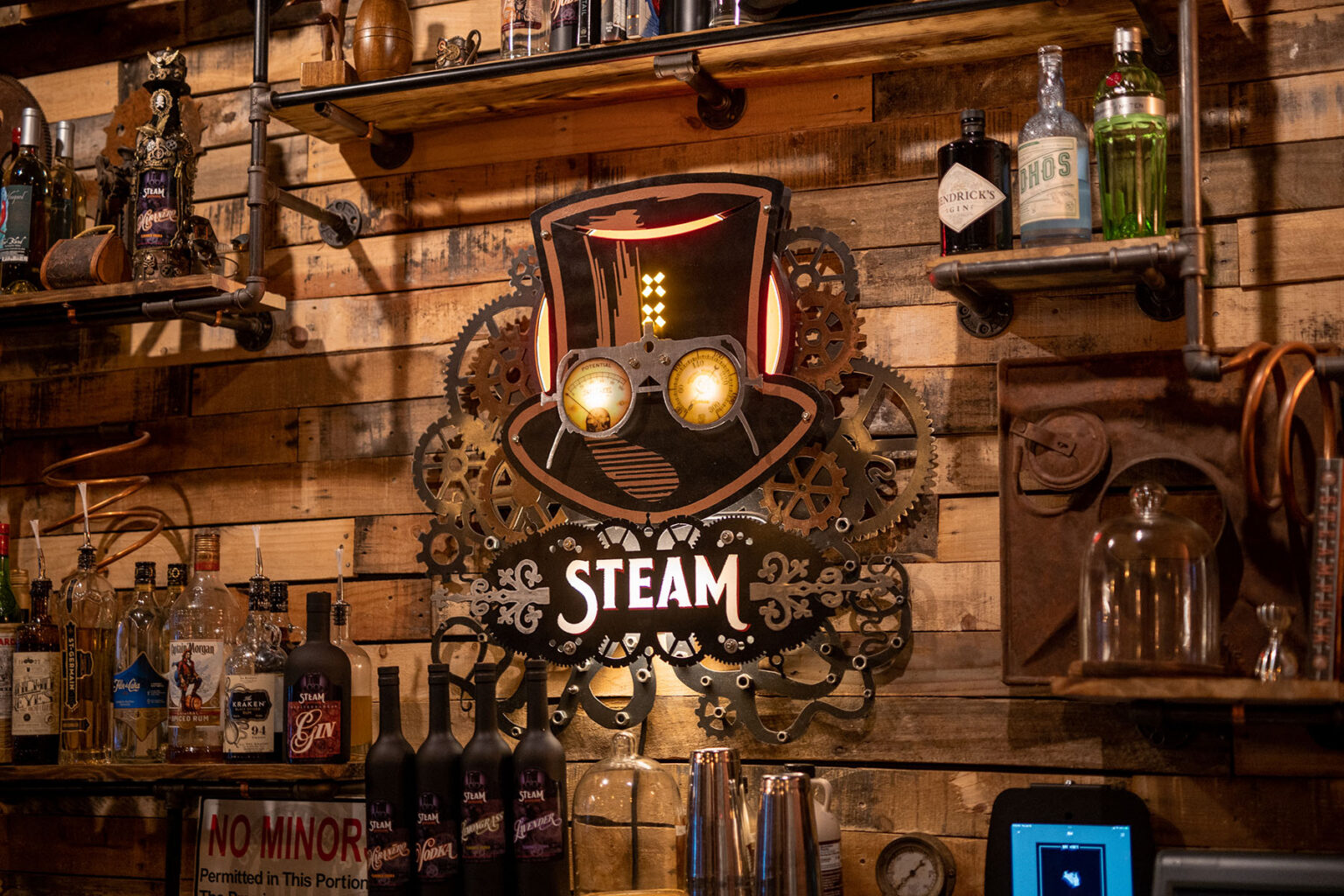 Ornate bar set-up at Steam Distillery in Grants Pass, OR