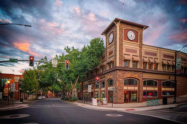 Restaurants and shops line the historic downtown district in Lewiston.