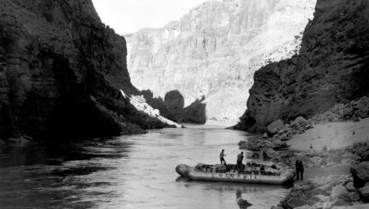 Georgie White's triple rig in the Inner Gorge, April 1964 | Photo courtesy of National Park Service